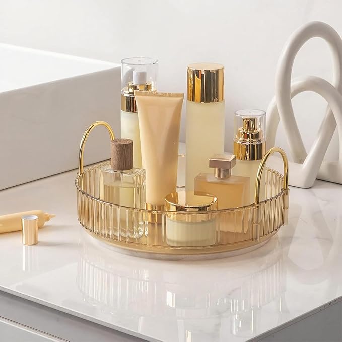 360° Rotating Makeup Organizer, Bathroom Make Up Spinning Holder Rack, Large Capacity Cosmetics Storage Vanity Shelf Countertop, Fits Cosmetics, Perfume, Skincare, Lipsticks(1 Tier, Yellow)