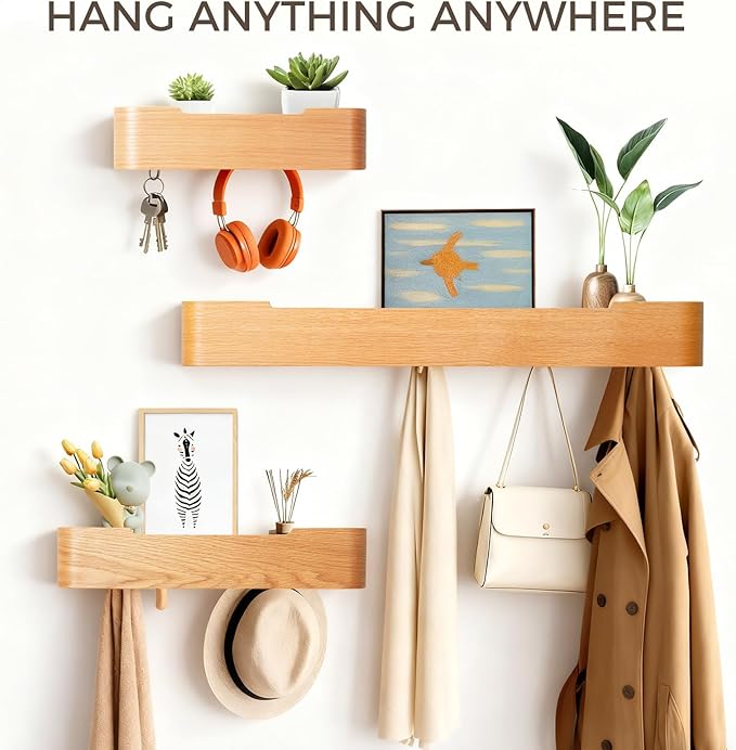 Wall Coat Rack Floating Shelves Modern Coat Rack Wall Mount with Storage Entryway Shelf Wooden Hanger 20 Inch 4 Hidden Metal Hooks for Living Room Bedroom (Oak, 5 Hooks)