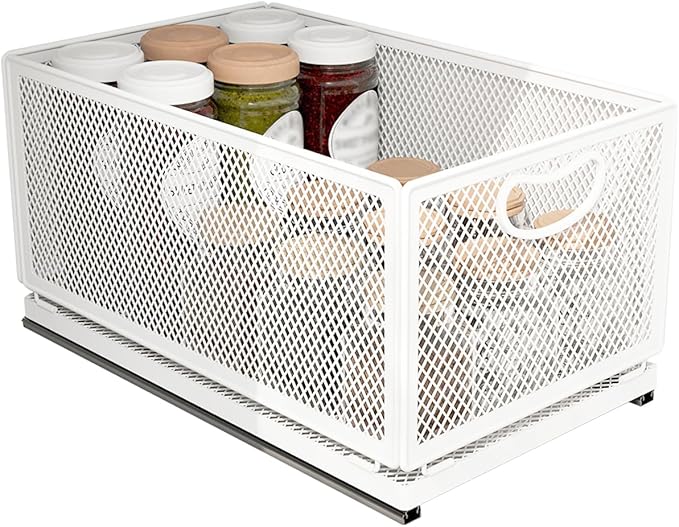 Sliding Cabinet Basket Organizer Drawer Self Adhesive Slide out Pantry Shelves Heavy Duty Carbon Steel Slide Cabinet Storage Basket with Handle for Bathroom Kitchen Home