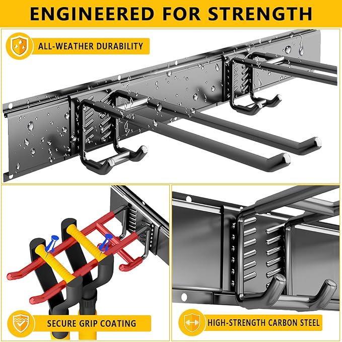 Garage Tool Organizer Wall Mount, 48inch Heavy-Duty Garage Storage System and Garden Tool Organizer with 9 Adjustable Hooks for Shovel, Snowboard, Yard Tools and Shed