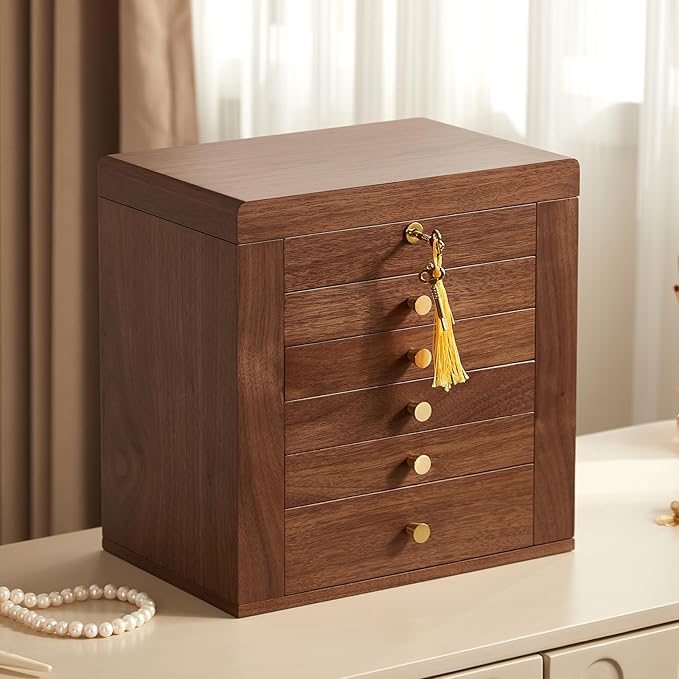 Black Walnut Wooden Jewelry Box, Wood Jewelry Organizer with 2 Side Doors Mirror Lockable Classical Style for Watch Necklace Ring Earring Storage Christmas Gifts-6 Layer