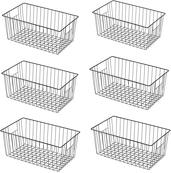 Upright Freezer Organizer Bins， Freezer Baskets for 16, 17, 21 cu.ft Standup Freezer, Wire Storage Baskets with Built-in Handles for Frozen Foods, Snacks, Vegetables, Fruits and More, Set of 6, Black