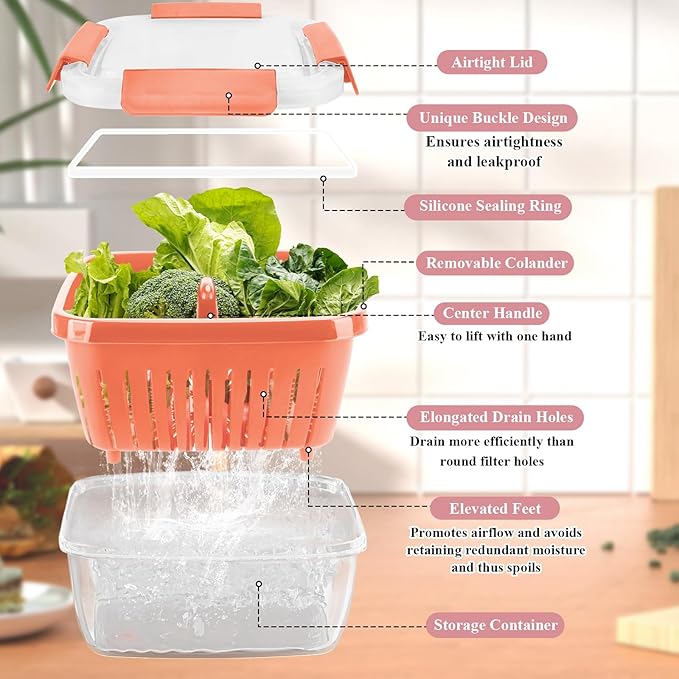 50oz Berry Keeper Fruit Storage Container for Fridge, Fresh Food Produce Saver Containers with Removable Drain Colander, Vegetable Lettuce Keeper Bowl, Refrigerator Organizer, PRESS TO OPEN CLOSE LID
