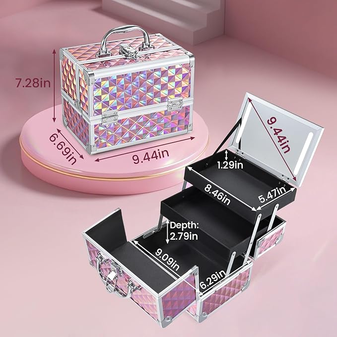 Makeup Case with Lighted Mirror Travel Makeup Organizer Box 2 Trays Lockable Cosmetic Train Case with LED Mirror for Make Up Nail Kits Sewing Vanity Storage Case Glossy Pink