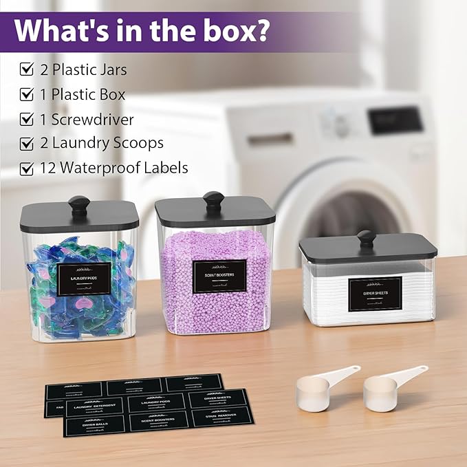 2+1 Pack Clear Laundry Pods Container & Dryer Sheet Holder, Plastic Square Laundry Room Organization and Storage Jars with Black Lids, Scoops & Labels for Detergent, Powder, Dryer Balls