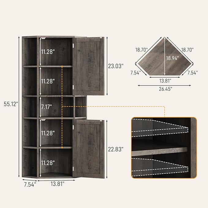 Farmhouse Corner Cabinet with Storage, Tall Corner Storage Cabinet with Adjustable Shelves and Barn Doors Farmhouse Cube Organizer Furniture Bookshelf Cabinets for Bathroom, Living Room (Grey)