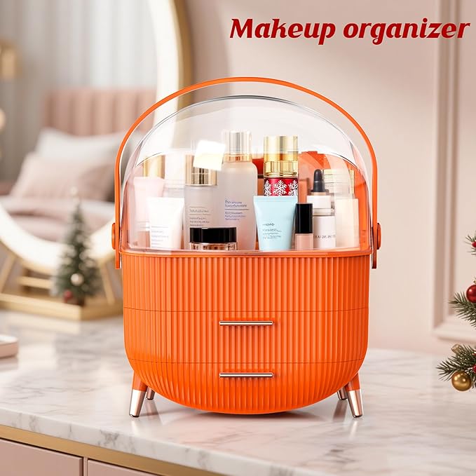 MASSY Egg Shape(Oval) Makeup Storage Box, Countertop Portable Vanity Cosmetics Organizer Preppy