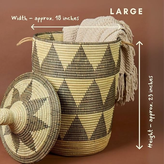 Tall Large Decorative Wicker Storage Basket with Lid, Laundry Hamper, Blanket Storage, Toys Bin, Clothes Holder, Boho Style (Black Beige)