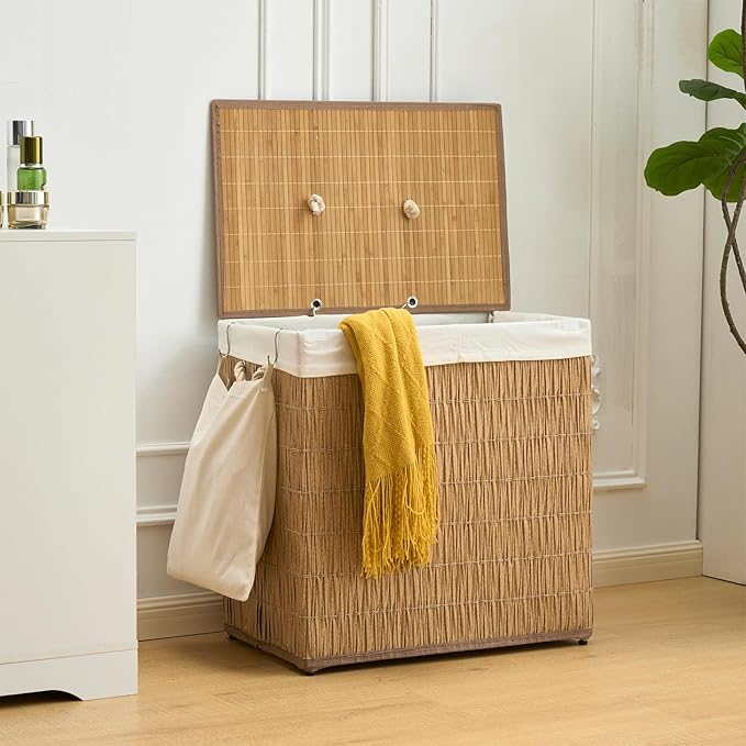 Laundry Hamper with Lid, 39.6 Gallon(150L) Large Laundry Basket 2 Removable Liner Bags, Synthetic Rattan Clothes Hamper with Side Pocket, laundry organization for bathroom, laundry room, Natural
