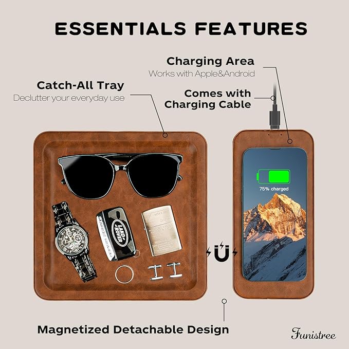 White Elephant Gifts for Men Dad Husband from Daughter Son Wife, PU Leather Wireless Charging Station and Valet Tray, Xmas Present Stocking Stuffers, Boyfriend Christmas Birthday Gifts for Him
