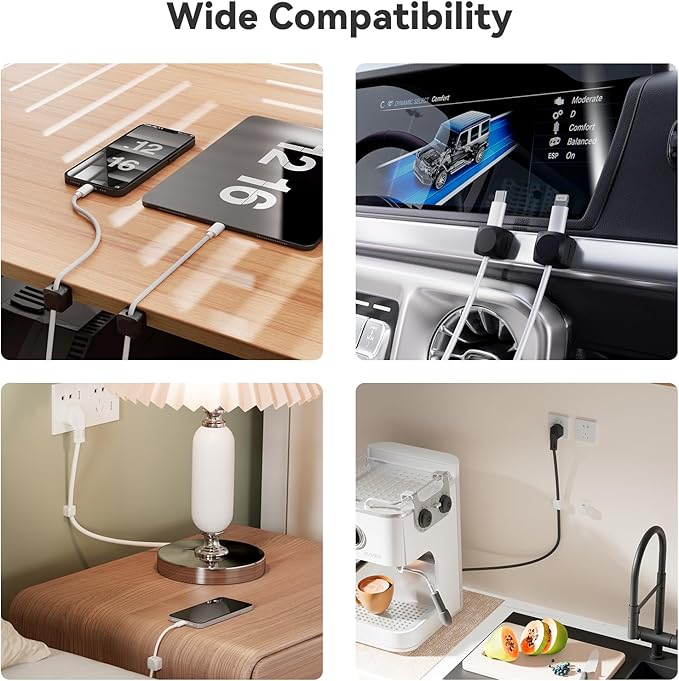 Rotatable Cord Organizer, Enhanced Spring Cable Clips, Strong Adhesive Cable Management, Desk Cord Holder for Nightstand, Office Accessories and Car (4 White + 4 Black)