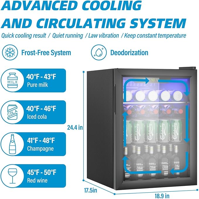 2.6 Cubic Feet Mini Fridge,95 Can Freestanding Beverage Refrigerator with Glass Front Door for Soda, Beer Under Counter Small Refrigerator with Adjustable Shelves and Digital Display(Black)