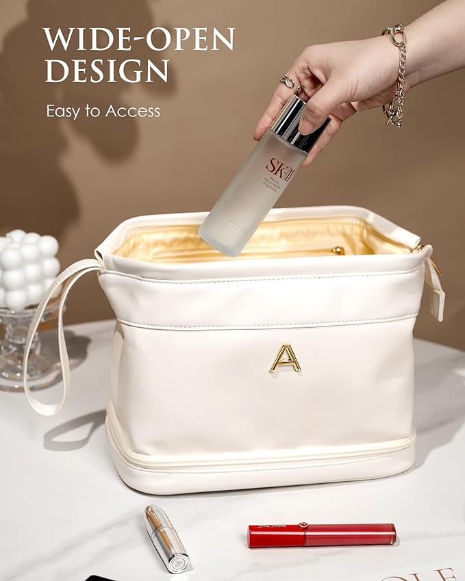 Bridesmaid Gifts for Women, Initial Makeup Bag,Gifts for Girls 12-14 Cosmetic Bag with Makeup Brush Organizer, Large Capacity PU Leather Travel Toiletry Bag, Initial Bags for Women
