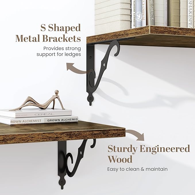 Deep Floating Shelves for Wall, 32"W x 12"D Wall Shelves, 12 Inch Deep Floating Shelf with Bracket, 32 Inch Floating Shelf Set of 2, Rustic Shelves for Living Room, Bathroom and Kitchen, Rustic Brown