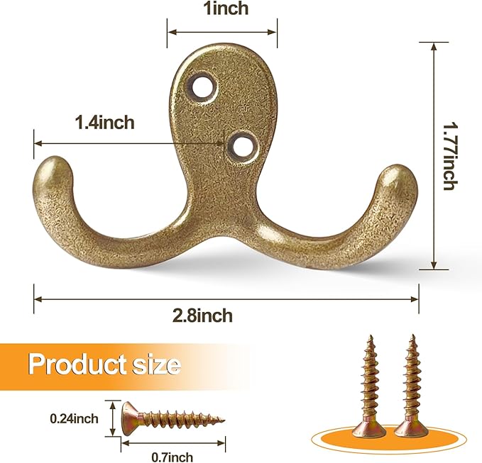 10 Pack Coat Hooks Wall Hooks for Hanging, Heavy Duty Double Prong Metal Hook Wall Mounted for Living Room, Bathroom, Kitchen, Bedroom for Coat, Bag, Scarf, Towel, Hat, Key, Cup (Bronze)
