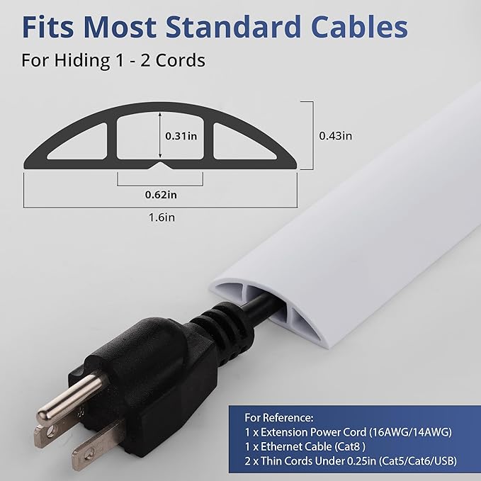 ZhiYo 10ft Cord Covers for Wires on Floor, Cord Hider Floor Hide Extension Cords, Soft PVC Cable Cover Cable Protector, Wire Cavity W0.62in H0.31in, White