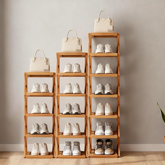YYW Flat Bamboo Shoe Rack for Entryway, Installation-Free and Folding Vertical Small Shoe Rack, Saves Space Narrow Shoe Racks for Doorway Closet