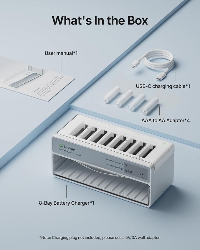 8-Slot Battery Charger Only, for AA AAA Lithium NiMH NiCd, Auto-Drop Rechargeable Battery Station with E-Ink, Storage, 3h Fast Charging, Bad Batteries Detection