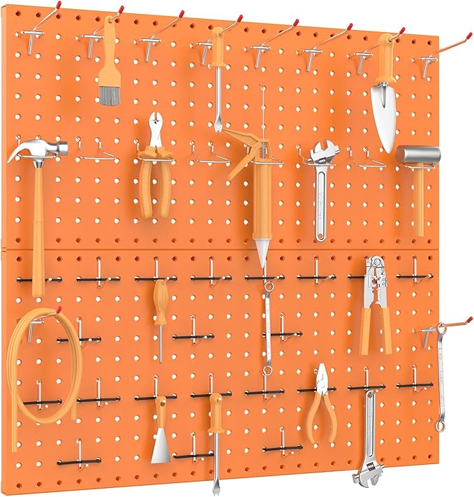 TORACK Metal Pegboard Wall Organizer 24" x 24" or 12" x 48", 70 PCS Tools Storage Pegboard for Garage, Modular Pegboard, Tool Organizer Board with Peg Board Hooks(Orange)