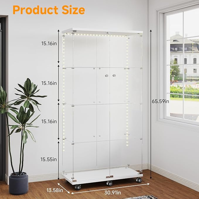Tempered Glass Display Cabinet with Light Strip, 4-Tier Curio Cabinet with Glass Doors Wheels Locks, Glass Display Case for Collectibles for Living Room, Bedroom, Office, White, Double Door