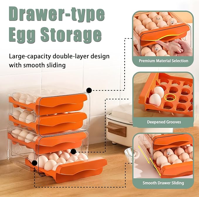 Refrigerator egg rack, egg container, egg storage box, double-layer transparent surface stackable, concave and convex handle kitchen storage organizer, bracket tray, refrigerator organizer (orange)