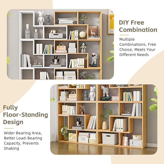 Expandable Bookcase with Adjustable Width,Wooden Room Divider Bookshelf,Standing Display Storage Organizer for Living Room,Study Room or Home Office