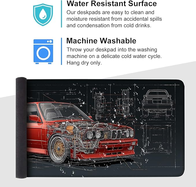 Retro Car Blueprint Mouse Pad – Large Extended Desk Mat 35.43 x 15.75 in – Classic Red Tuner Car Cutaway with Engine Diagram, Waterproof Surface, Non-Slip Rubber Base, Keyboard & Mouse Pad
