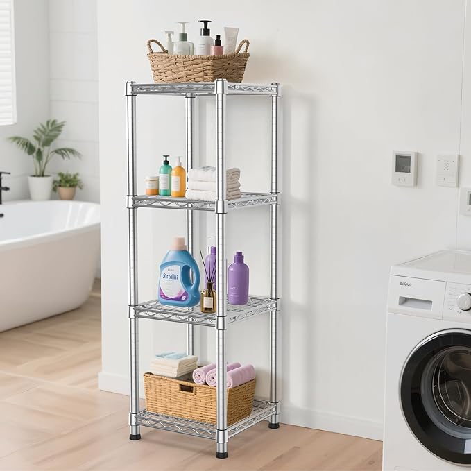 Metal Wire Shelving Unit Storage Shelves 4 Tier Adjustable Shelf Sturdy Steel Rack Standing Units Organizers organize for Laundry Bathroom Kitchen Closet Basement Garage Pantry Narrow Mesh Utility
