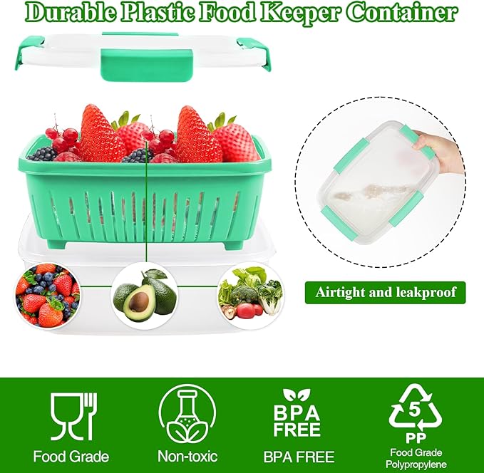 68oz Berry Keeper Fruit Storage Container for Fridge, Fresh Food Produce Saver Containers with Removable Drain Colanders, Vegetable Lettuce Keeper Bowl, Refrigerator Organizer, PRESS TO OPEN CLOSE LID