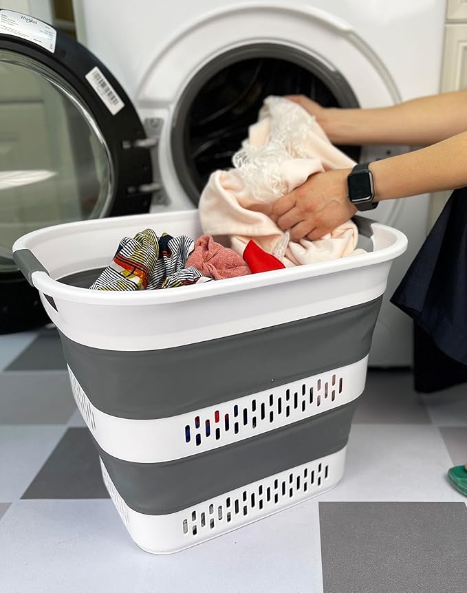 SAMMART 40L (10.5 Gallon) Collapsible Plastic Laundry Basket - Foldable Pop Up Storage Container/Organizer - Portable Laundry Hamper - Space Saving (1, White/Steel Grey)