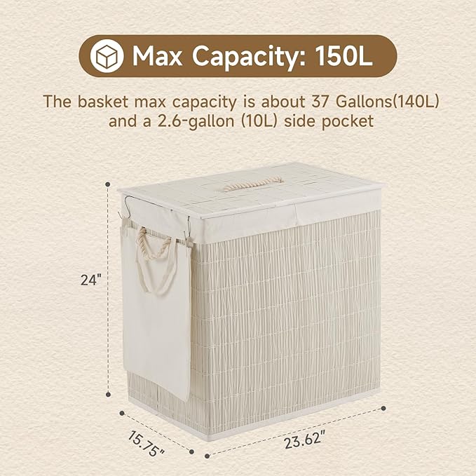 Laundry Hamper with Lid, 39.6 Gallon(150L) Large Laundry Basket 2 Removable Liner Bags, Synthetic Rattan Clothes Hamper with Side Pocket, laundry organization for bathroom, laundry room, White
