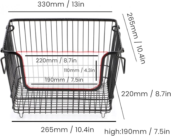 Tyenaza Freezer Organizer Bin Keep Tidy Metal Stackable Fruits Meat Wire Basket for Kitchen Home Use L Black