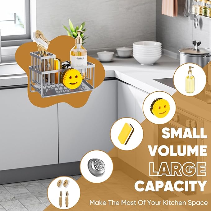 Sponge Holder for Kitchen Sink,Smiley Face Sink Caddy with Removable Brush Holder,Self-Draining Sponge Caddy for Soap,Dish Brush,Scrubber,Kitchen Essentials and Gadgets-Gray