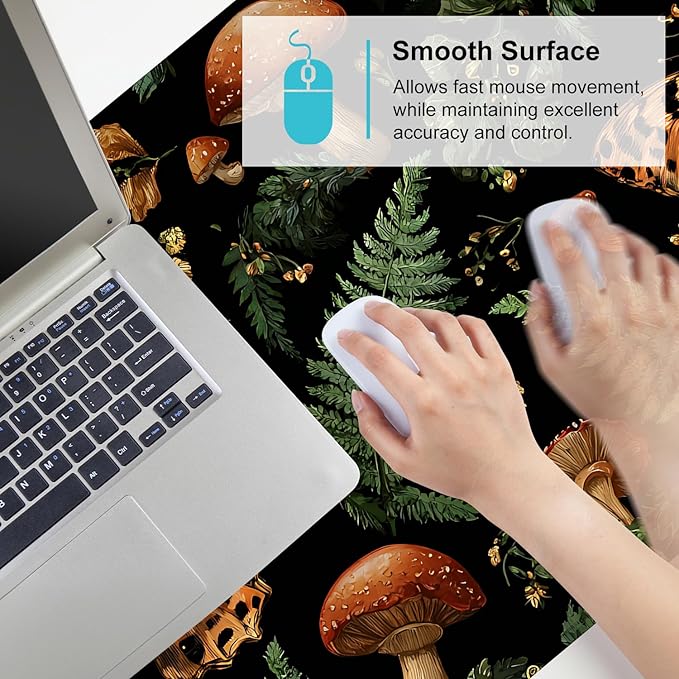 Vintage Butterfly Mushroom Mouse Pad – Large Extended Desk Mat 35.43 x 15.75 in – Dark Forest Aesthetic with Ferns & Fungi, Waterproof Surface, Non-Slip Rubber Base, Keyboard & Mouse Pad