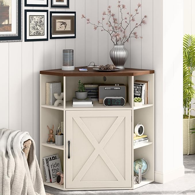 Corner Storage Cabinet, Farmhouse Corner Bookshelf with Storage 6-Cubby Wooden Cabinet with USB Ports and Outlets Industrial Organizer for Small Space, Study, Playroom, Living Room