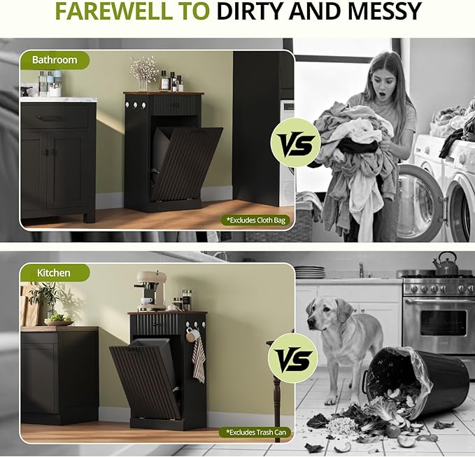 Tilt Out Trash Can Cabinet, 10 Gallon Fluted Laundry Hamper Cabinet with Drawers, Freestanding Wooden Hidden Garbage Can Cabinets for Kitchen, Living Room, Without Trash Bin or Laundry Hamper, Black
