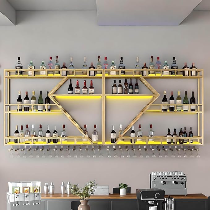 79in Large Wall Mounted Wine Rack 3 Tier Metal Wine Bottle Holder Modern Diamond Design Floating Bar Liquor Bottles Storage Rack for Home Restaurant Bar Decorative (Gold, 3 Tier - 79in)