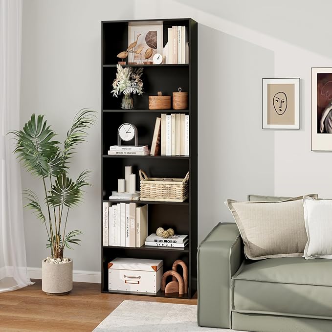 Tangkula 6-Tier Bookcase, 70” Tall Freestanding Bookshelf with 6 Open Shelves, Anti-Toppling Kits, Floor Display Storage Organizer for Living Room, Study, Kitchen, Home & Office (Black, 70" H)