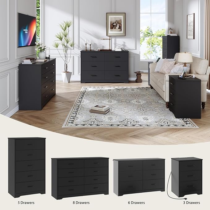 LIDYUK Dresser for Bedroom, Wood Dresser with 6 Drawers, Modern Minimalist Style Dressers & Chests of Drawers, 48 Inches Wide Chest of Drawers for Bedroom, Hallway, Living Room, Black