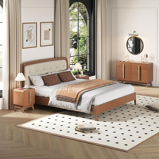 Mid Century Modern Bedroom Set, 6 Drawer Dresser and Nightstand Sets for Bedroom, Night Stand Set 2 & 6 Drawer Dresser with Gold Handles, Wood Chest of Drawers Storage Cabinet Set, Cherry