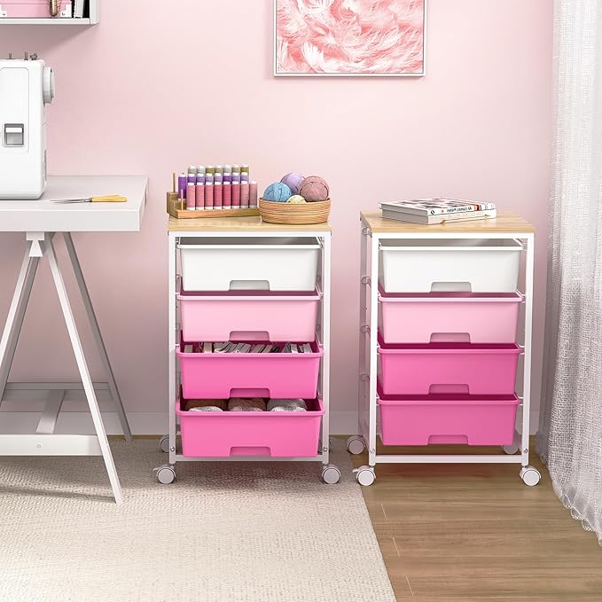 Utility-Rolling-Craft-Storage-Cart-Organizer with 4 Drawers and Wooden Tabletop, 4 Tier Drawer Cart for Home Office, Kid Room, Classroom Teacher, Dorm, Pink