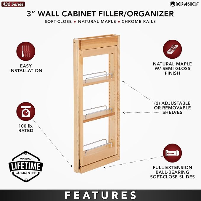 Rev-A-Shelf Kitchen Cabinet Pullout Wall Filler Wooden Organizer Slide Out Pantry Storage w/Soft-Close in Multiple Sizes, Maple Wood, 432-WFBBSC30-3C