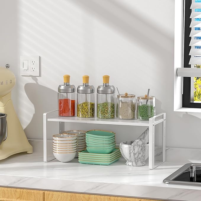 Expandable Cabinet Organizer Shelves, 88lbs High Weight Capacity, Heavy-Duty Metal Storage Rack, Adjustable Cabinet Shelf for Kitchen, Pantry, Cupboard, Under Sink, White, Patent Pending