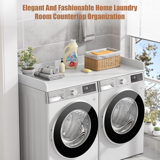 Washer Dryer Countertop, 27.5" D x 54" W Washer and Dryer Topper Covers with Edge Rails, Wood Laundry Room Countertop Shelves for Laundry Room Organization and Storage (White)