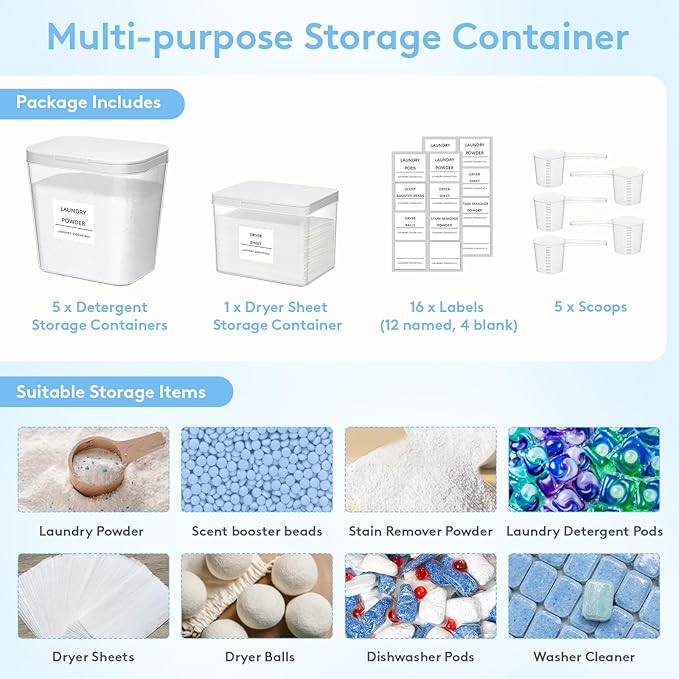 Lifewit 5+1 Laundry Pods Container & Dryer Sheet Holder, Large Powder Detergent Dispenser Storage Jars, Laundry Room Containers for Scent Booster Beads with Pop up Lids, Labels and Scoop