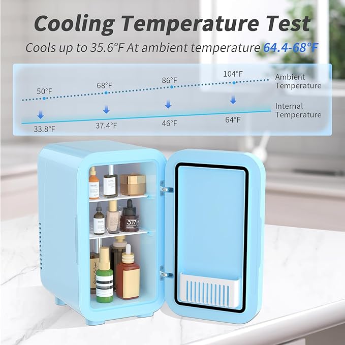 Mini Fridge, 6 Liter/8 Can 110V AC/DC Portable Thermoelectric Cooler Refrigerators for Bedroom, Skincare, Beverage, Office, Dorm Room and Car, Blue