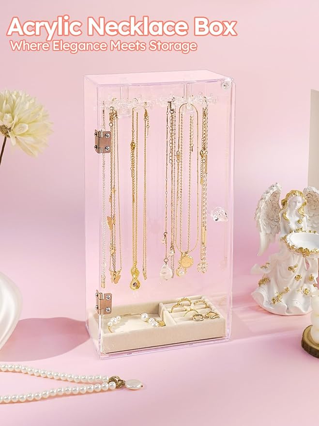 Cirhy Necklace Holder, Acrylic Necklace Organizer with 24 Rotating Hooks, Dust-Proof Jewelry Display Case for Necklaces, Pendants, Earrings, Rings, Enclosed Clear Storage Stand with Velvet Lined Tray