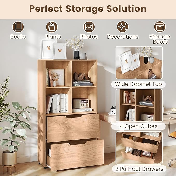 GOFLAME 4-Tier Bookcase with 2 Drawers, 51” Tall Bookshelf with 4-Cube Open Shelf, Wood, Modern, Freestanding Display Storage Organizer Shelf for Living Room, Home Office (1,Natural)
