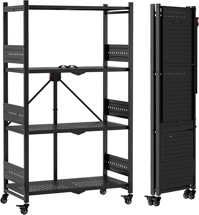 WORKPRO 4-Tier Folding Shelf, No-Assembly Metal Storage Rack with Wheels, 600 lbs Capacity (Without Wheels), Collapsible Shelving Unit for Kitchen, Pantry, Bathroom & Closet Organization
