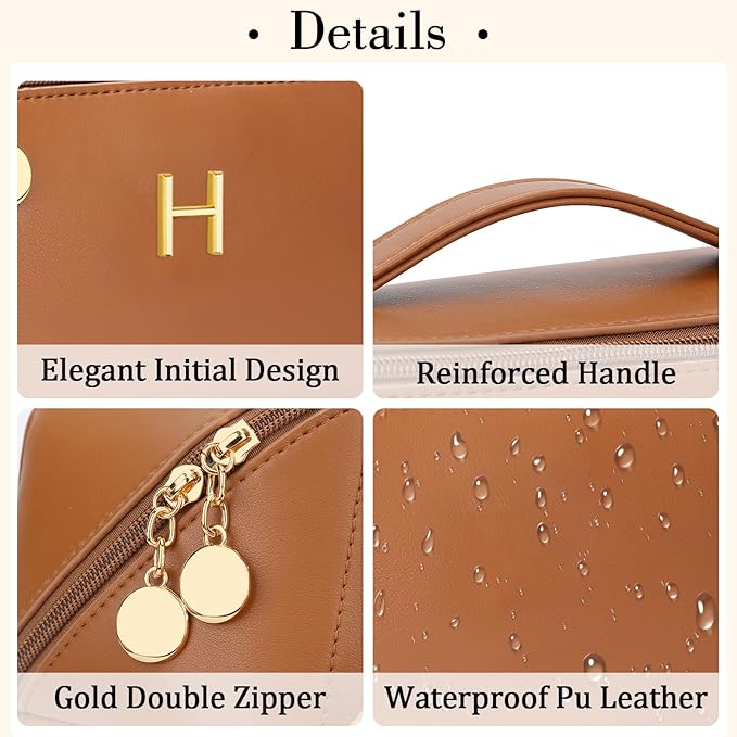 Birthday Gifts for Women Teen Girl, Personalized Initial Makeup Organizer Bag Set, Open Flat Travel Cosmetic Bag With Clear Divider and Handle(Brown,H)